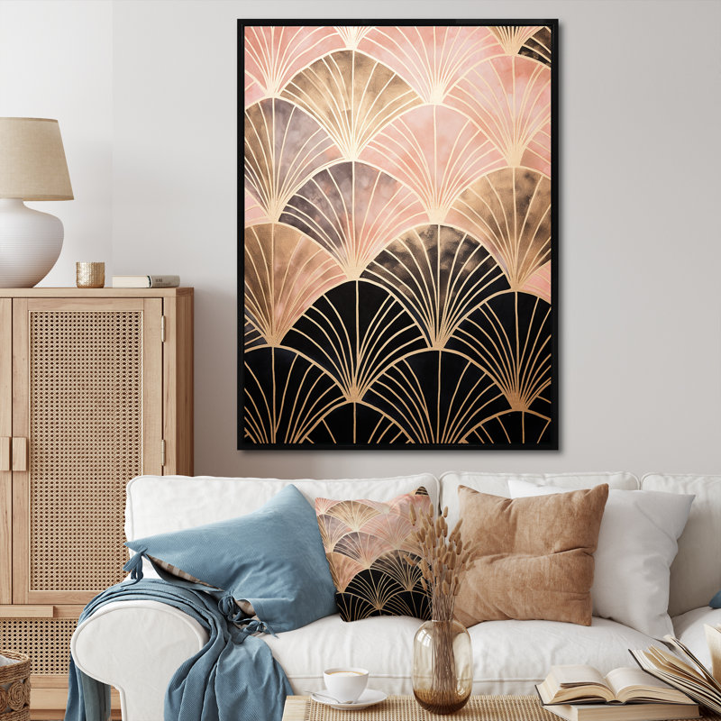 Éclat d'or rose - formes murales abstraites, H 20 po x l 12 po x P 1 po, Cadre flottant noir
