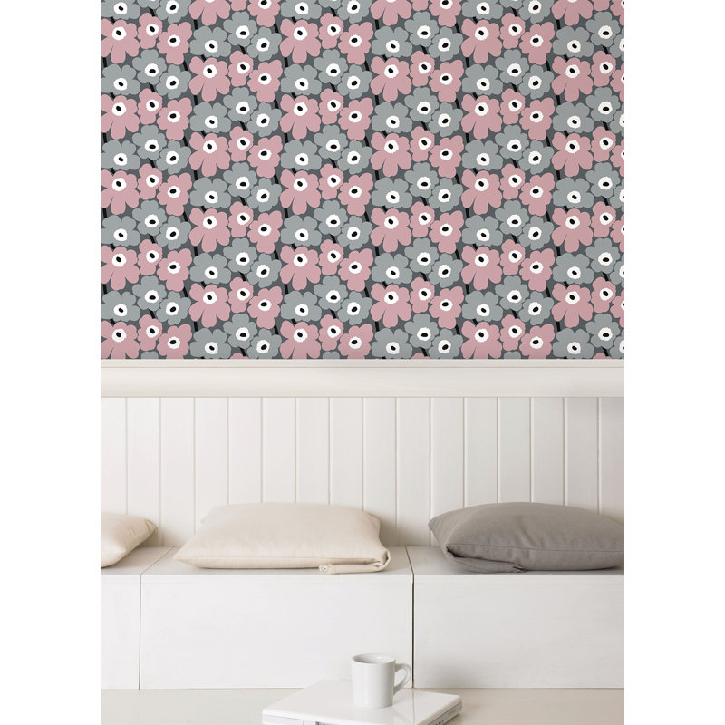 Rouleau de papier peint adhésif Pieni Unikko L 18 pi x l 20,8 po, Rose / gris