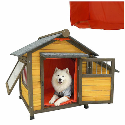 50" Insulated Wooden Dog House for Small Medium Dogs, All-Weather Outdoor Kennel with Removable Thermal Curtain, Lockable Door, Opening Glass Window & Asphalt Shingled Roof