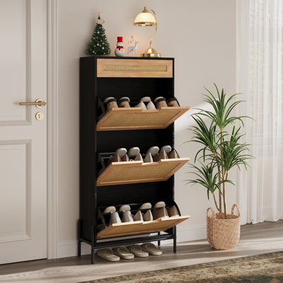 Range-chaussures, rangement pour chaussures avec 3 portes rabattables, range-chaussures en rotin naturel avec tablette réglable, 1 tiroir, range-chaussures autoportant pour le vestibule, le couloir