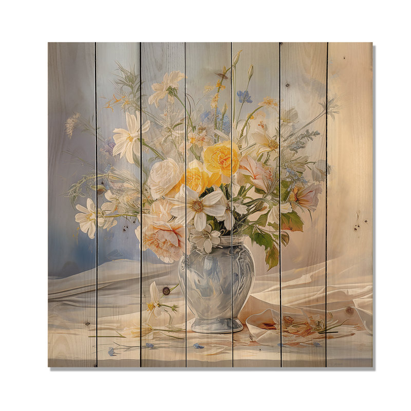 Élégant bouquet de fleurs dans un vase, charme champêtre - fleurs, art mural sur bois de pin naturel, H 30 po x l 30 po