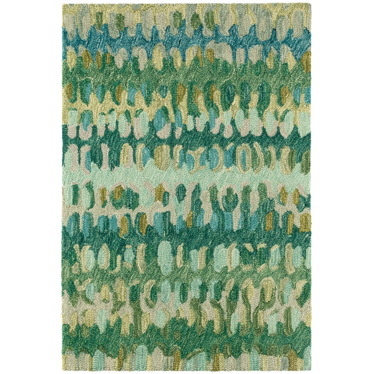 Paint Chip Abstract Hand Hooked Wool Area Rug in Blue/Green/Gold