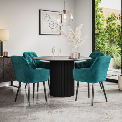 Arlo Concrete Table Top W Black Legs + Anika Velvet Dining Chair Blue Set Of 4