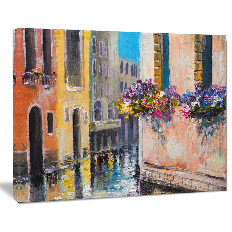 Canal in Venice with Flowers Cityscape - reproduction d'art sur toile tendue, H 8 po x l 12 po