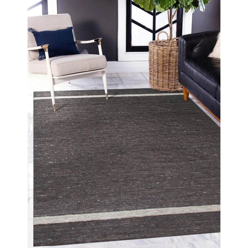 Tapis gris en laine tissé à plat Liyat, Rectangulaire 8 pi x 10 pi