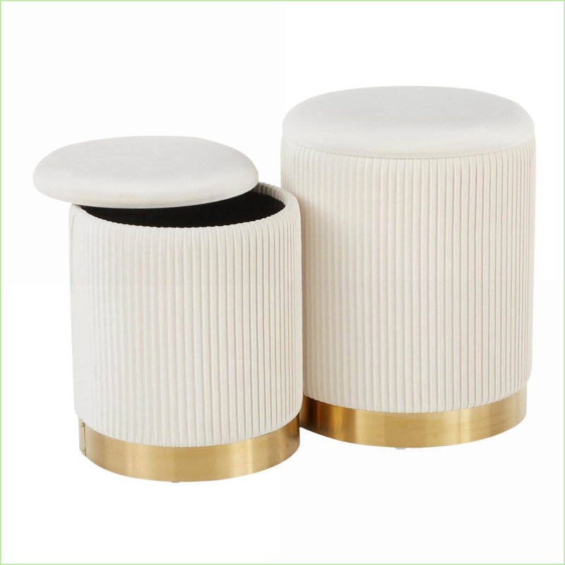 Ottomans, Marla Contemporary Nesting Set with Pleated Cream Velvet &amp; Gold Metal Base by LumiSource | Gold | Metal, Cream