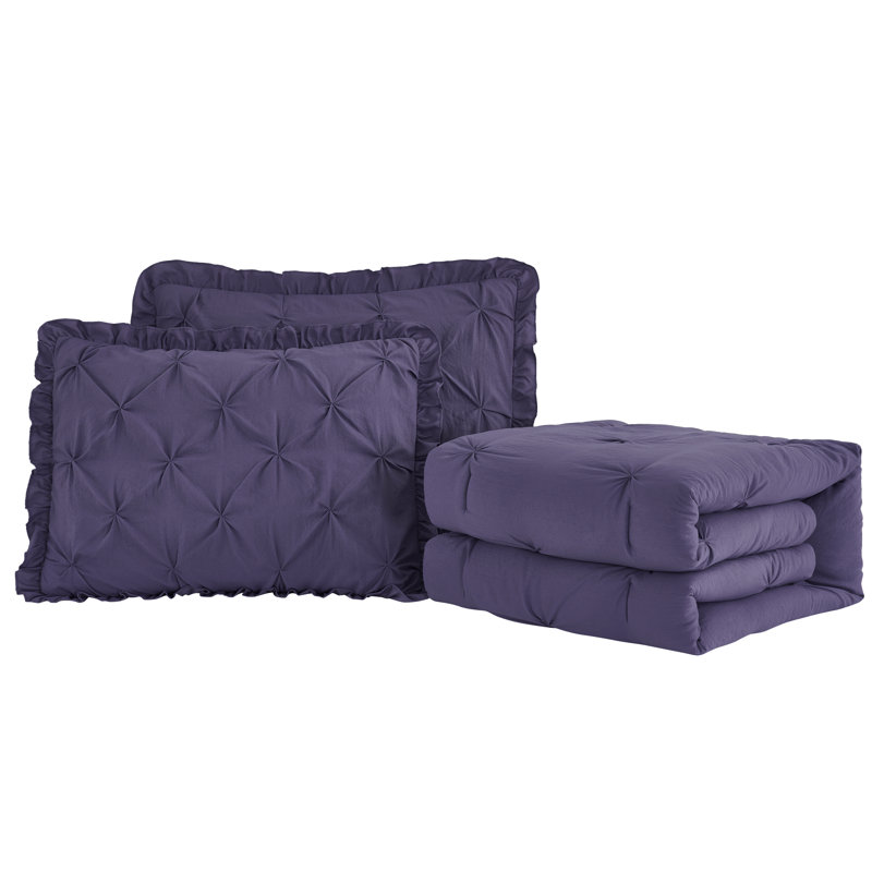 Aria French Country Chic Pinch Pleat Pintuck Ruffle Skirt Bedspread Set, King Bedspread + 2 King Shams, Dusty Purple