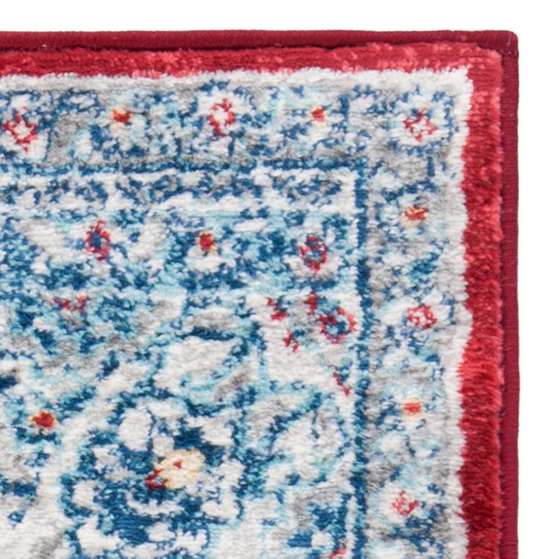 Hand-Knotted Red and Ivory Synthetic Square Rug