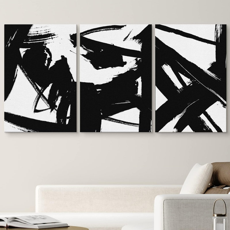 BAW noir et blanc, peinture abstraite, formes abstraites, minimaliste moderne, 3 pièces, H 24 po x l 48 po, Toile tendue
