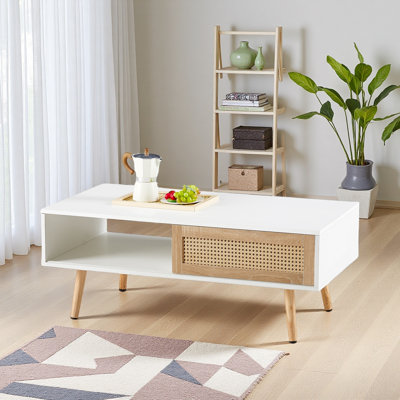 41.34" Rattan Coffee Table, Sliding Door For Storage, Solid Wood Legs, Modern Table For Living Room by Bay Isle Home