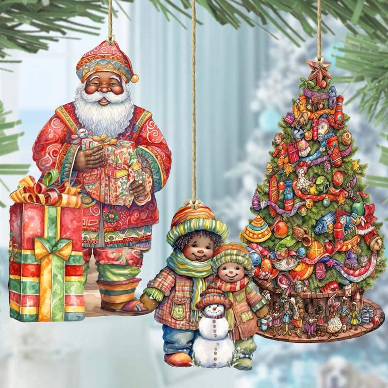 Ensemble de 3 ornements en bois de père Noël d'inspiration afro-américaine