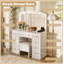 Meuble-lavabo luxueux avec 10 ampoules Hollywood, 3 modes d'éclairage couleur, une coiffeuse classique avec tabouret rembourré et 9 tiroirs de rangement pour la chambre à coucher, blanc