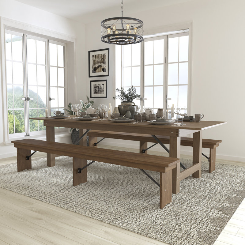 Dejon 8' x 40" Antique Rustic Folding Farm Table and Two Bench Set, 30"H x 108"L x 40"W, Brown