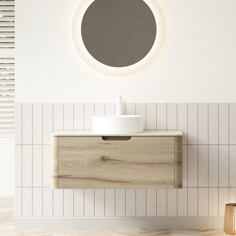 36" Bathroom Vanity With Drawer, White Round Ceramic Sink, -Pattern Sintered Stone Top, And Oak Cabinet - Water- Structure, Soft Close System, Pre-Built Unit Basin, Counter, Finish High-Performance