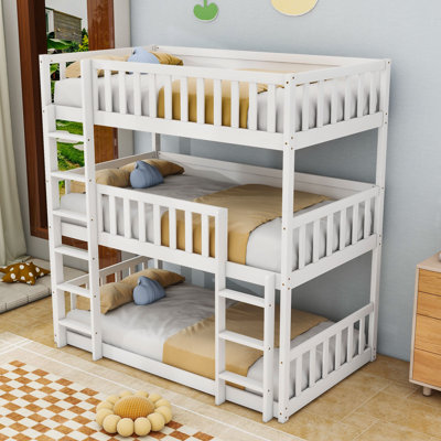 Twin Over Twin Over Twin Triple Wood Bunk Bed With Safety Fatures, Detachable Design