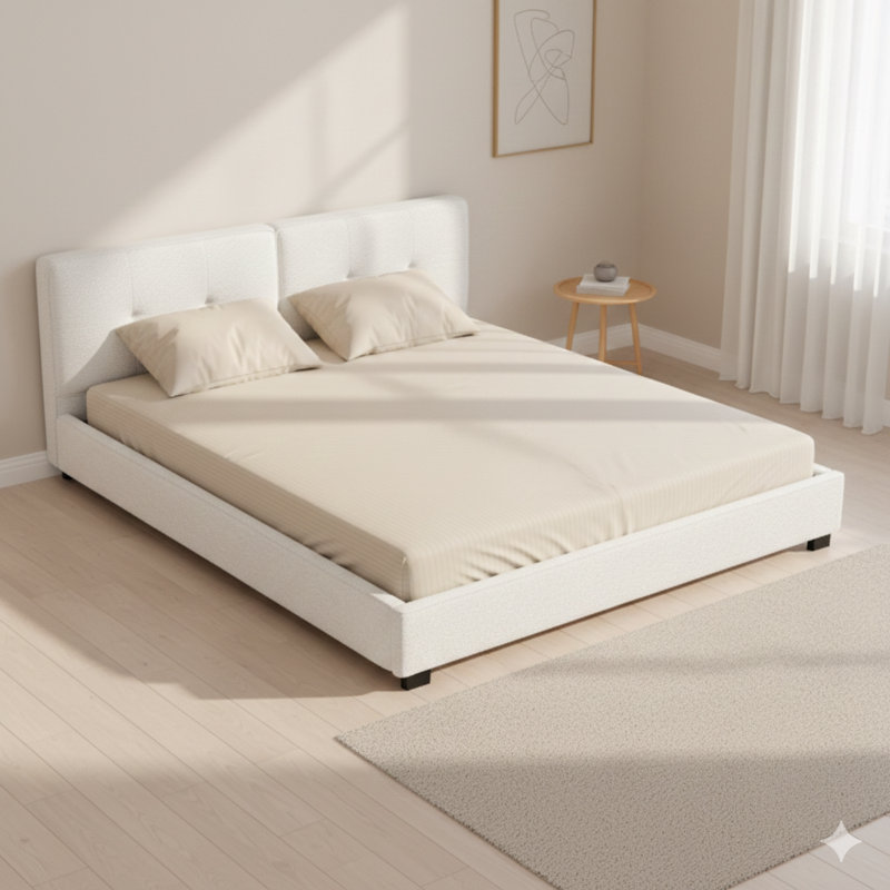 Des cadres de lit très grand revêtus de tissu bouclé, dotés d'une base plateforme et d'une tête de lit capitonnée et courbée avec des coins légèrement carrés. Couleur: beige.