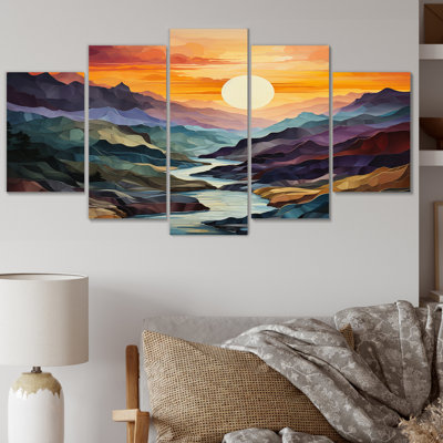 Paysage audacieux de montagnes orange sarcelle - art mural moderne - 5 panneaux