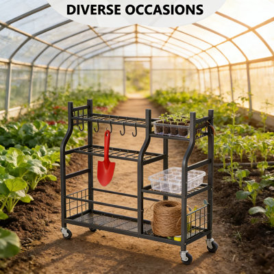 Heavy-Duty Rolling Tool Organizer Cart With Multi-Tier Storage And Side Hooks For Garden Tools, Rakes, Shovels, And Brooms - Portable Garage And Shed Storage Solution