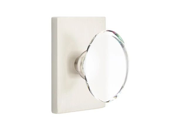 Ensemble de mortaise intérieure Emtek avec rosette rectangulaire moderne et bouton en verre Hampton (droite), Nickel satiné
