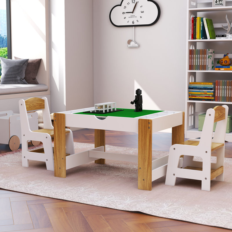 Kids Play Table And 2 Chair Set, 2 In 1 Wooden Activity Table W/storage, Compatible With Lego And Duplo Bricks, Play Building Block Table Set For Reading, Drawing, Build Blocks