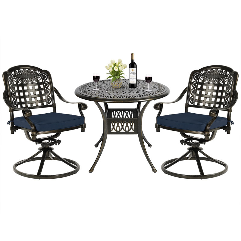 2 - Person Patio Dining Set Umbrella Hole Included Round Table with Cushions Included, Navy Blue