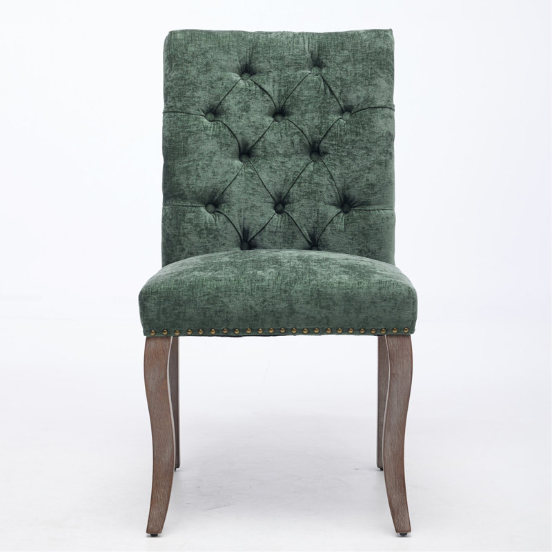 Élégante chaise de salle à manger capitonnée avec pieds incurvés en bois massif, Vert olive