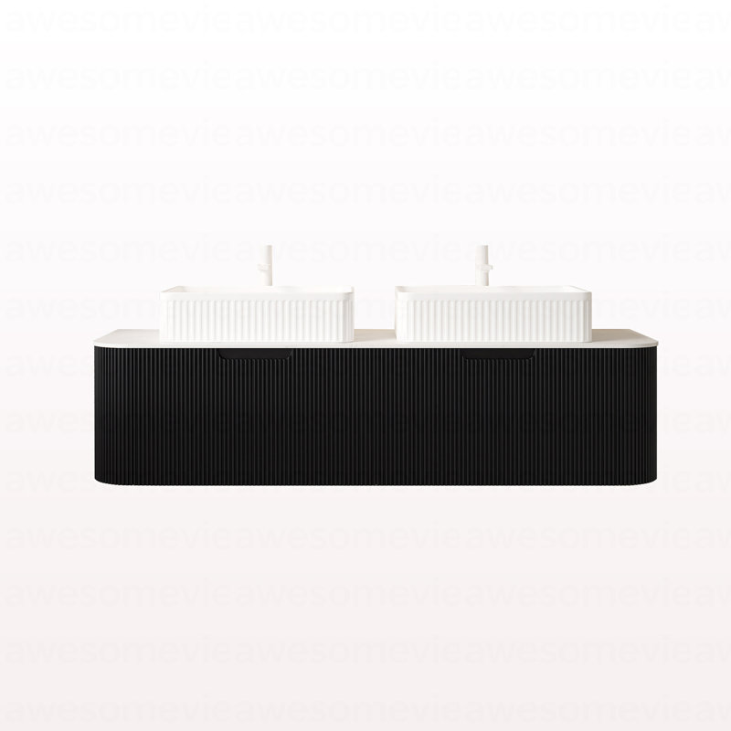 Meuble-lavabo de salle de bain 60 po avec lavabo, lavabo à fixation murale à bords arrondis flottants avec 2 tiroirs, 2 lavabos rectangulaires en céramique blanc, sans robinet, pré-assemblé, noir