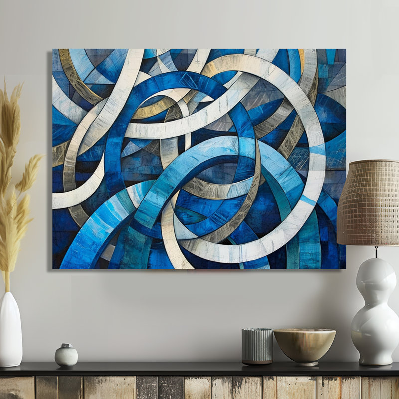 «Blue and White Whirling Rings II», art mural abstrait, H 12 po x l 20 po x P 1 po, Toile tendue