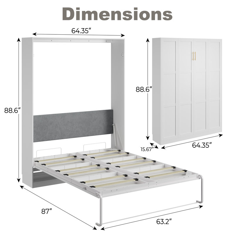 65-inch Modern Queen Size Murphy Bed, Hidden Foldable Wall Cabinet Bed, White