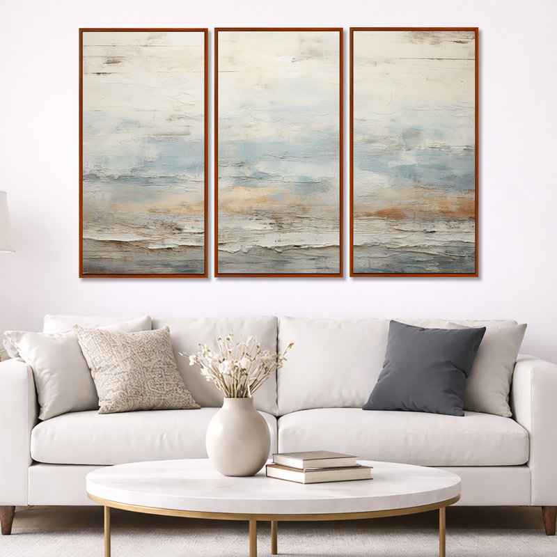 «Beige Blue Ocean Storm», ensemble d'art mural formes abstraites, H 40 po x l 60 po x P 1 po, Cadre flottant brun