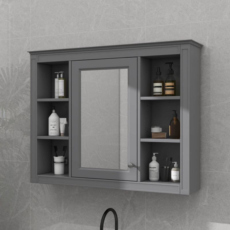 Armoire à pharmacie murale 35 po x 27,5 po avec miroir et 6 tablettes ouvertes, Gris