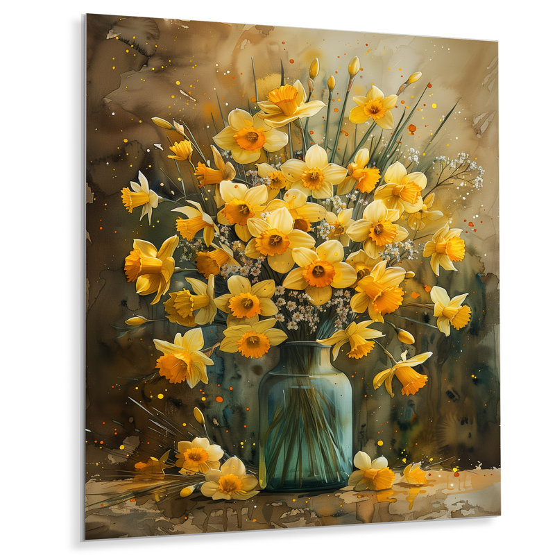 Jonquilles de ferme jaune dans un vase I - Décoration murale jonquilles, Sans cadre, métal, H 12 po x l 20 po
