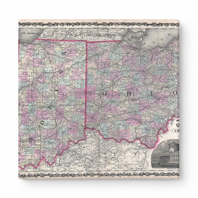 Johnson's Map of Ohio and Indiana (1862) — Square Canvas Wall Art