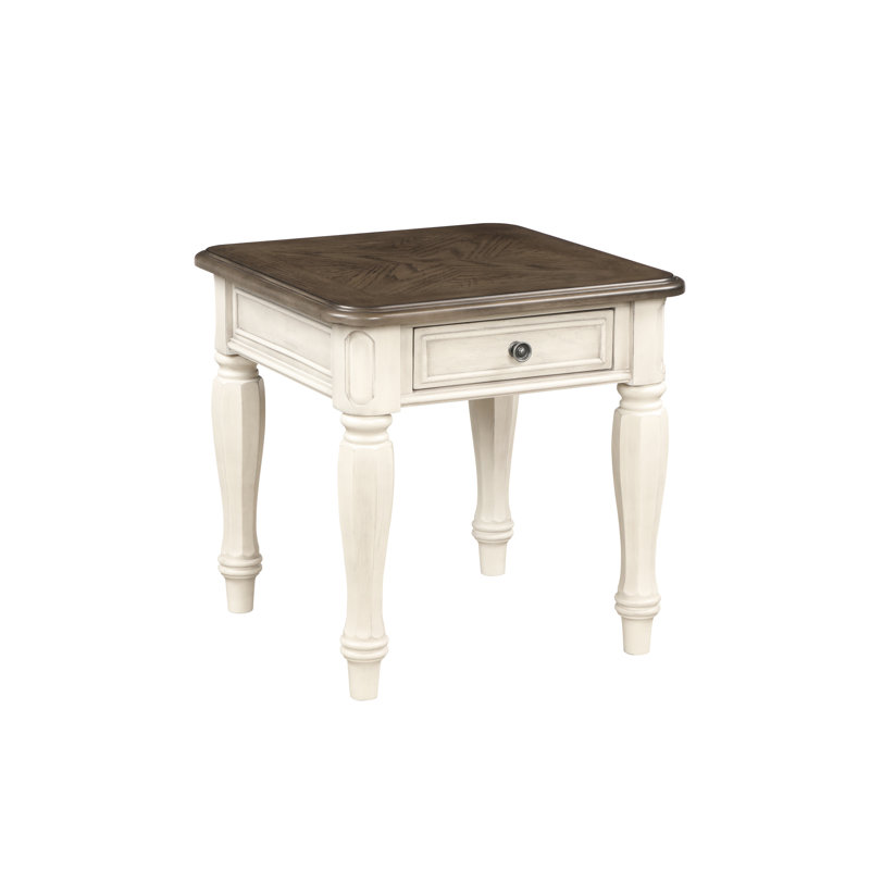 Table d'appoint antique blanche et brune avec compartiment de rangement, Examen de conception classique, élément de construction de base, H 23,95 po, bois massif + tiroir de bout, cognition, structure,