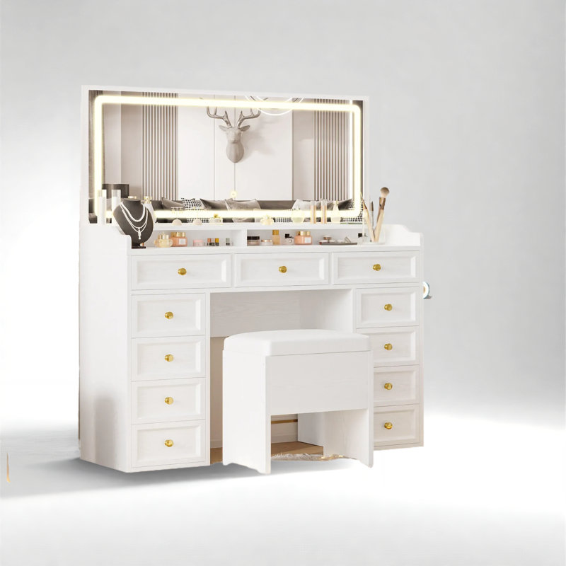 Ensemble de meuble-lavabo 11 tiroirs en bois manufacturé avec miroir DEL et tabouret 