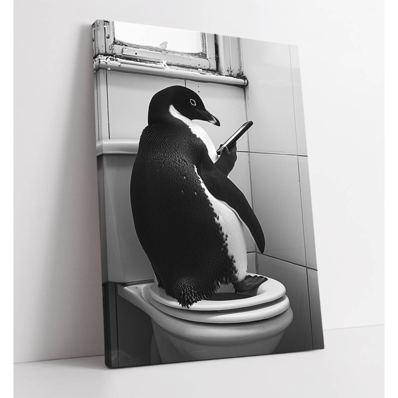 Penguin Sitting on Toilet Looking at Phone Canvas Wall Art Print, 46 cm H x 30 cm W