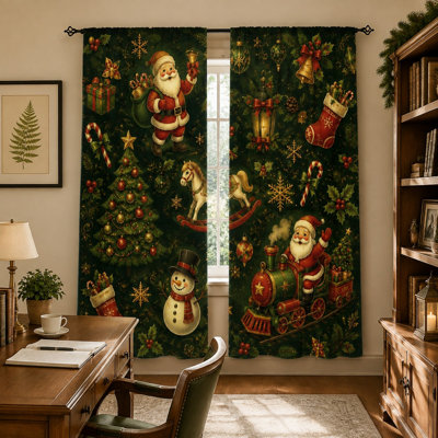 2Pcs Christmas Santa Claus Snowman Train Curtains, Festive Holiday Patterned Light Filtering Curtain For living bedroom Kitchen Rod Pocket Window Drapes