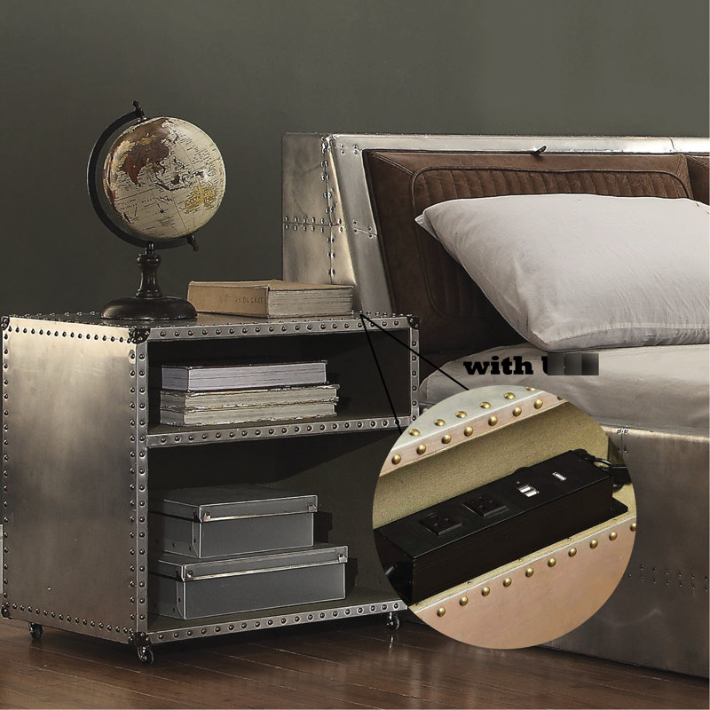 Table de chevet industrielle en aluminium avec pieds de quai et roulettes, rectangulaire avec 2 compartiments de rangement recouverts de tissu, 21 po x 22 po 17 po, support de poids de 60 lb, pièce d'interface d'apparence argentée ouverte