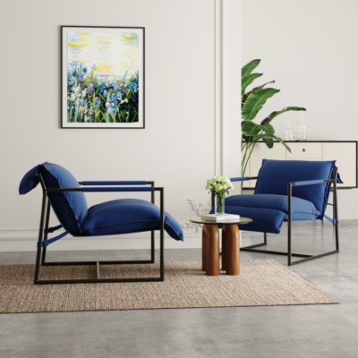 Upholstered Modern Metal Framed Blue Polyester Blend Sling Accent Chair