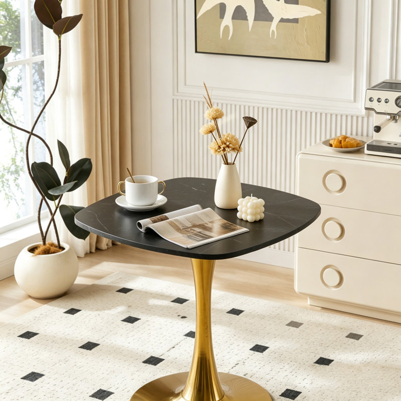 Table tulipe carrée 24 pouces avec base en métal, Doré et noir