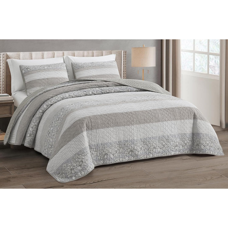 Oversized King Gray Cotton Patchwork Reversible Quilt Set