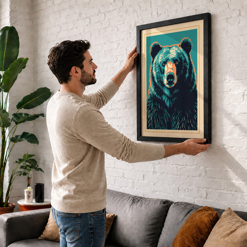 Turquoise Bear Retro - Framed Print, A3 - 42.0 x 29.7 cm, Black