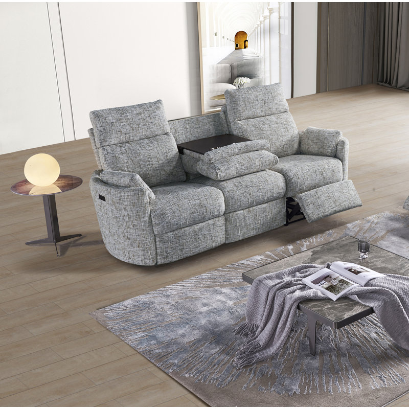 Chic Upholstered Fabric 3 Seats Power Recliner Sofa, with Flip-down Metal Table & Cup Holders, Blue/Gray
