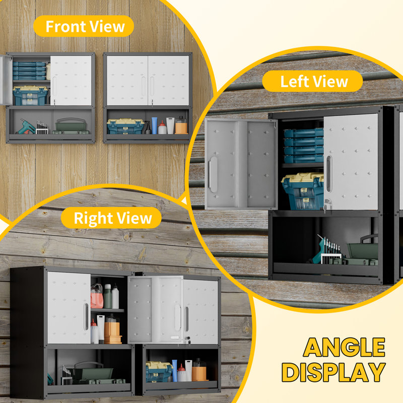 Armoire de rangement murale en métal de 29,5 po de largeur avec serrure et tablette ouverte, coffre à outils flottant robuste avec tablette réglable pour garage, atelier et atelier de réparation automobile, noir