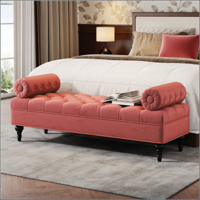 Modern Velvet Upholstered Bedroom Bench With 2 Detachable Pillows, Comfy Footstool For Living Room And Entryway