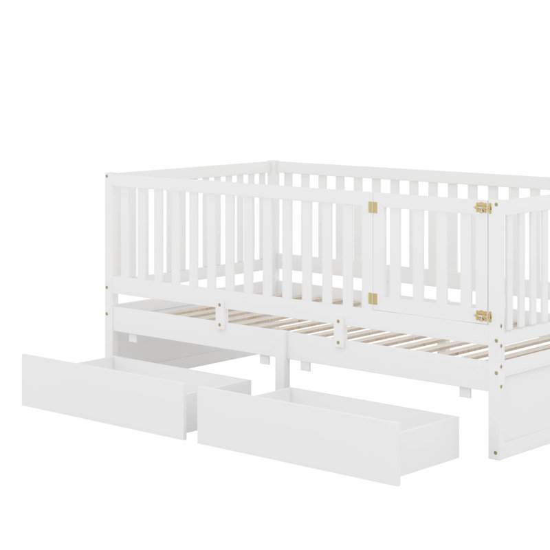 Lit de jour simple en bois avec garde-corps et tiroirs de clôture, divisé en lit de sol indépendant et lit de jour, Blanc