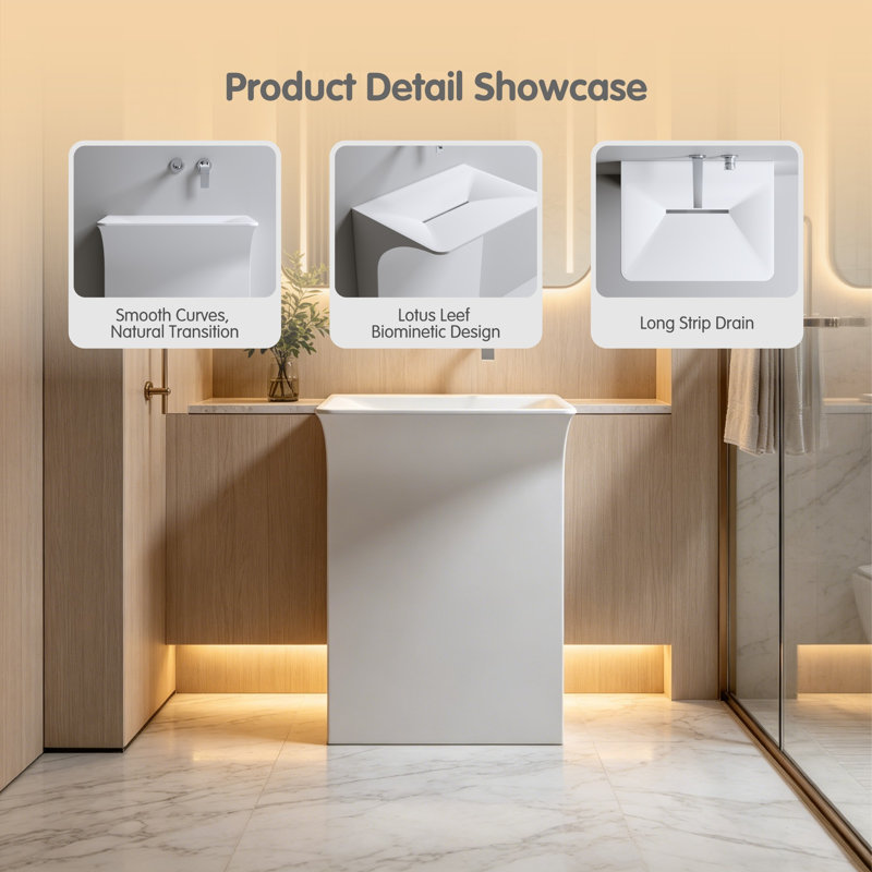 Modern Wall-mounted Solid Surface Pedestal Sink, 1-piece Floating Vessel With Hidden Linear Drain, Wall Mount Faucet Compatible, White For Small Bathroom & Powder Room