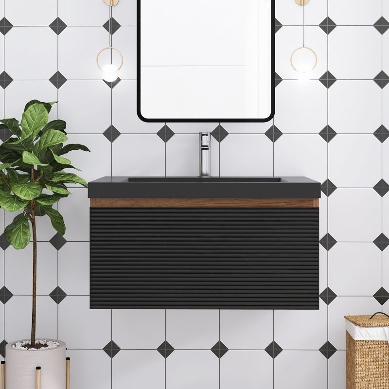 Meuble-lavabo mural simple 30 po en chêne avec plateau en résine intégré