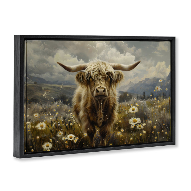  Bétail sur toile Daisy Field par LSR Design Studio, Cadre flottant noir de jais, H 17 po x l 25 po