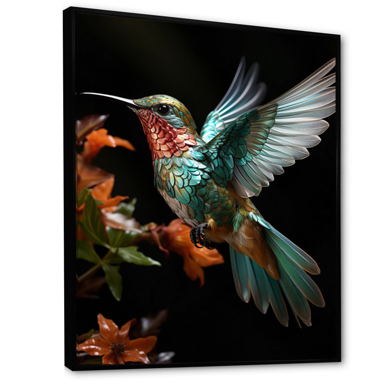 Teal Orange Animal Hummingbird - Animals Wall Art Living Room, H 44 po x l 34 po x P 1,5 po, Cadre flottant noir